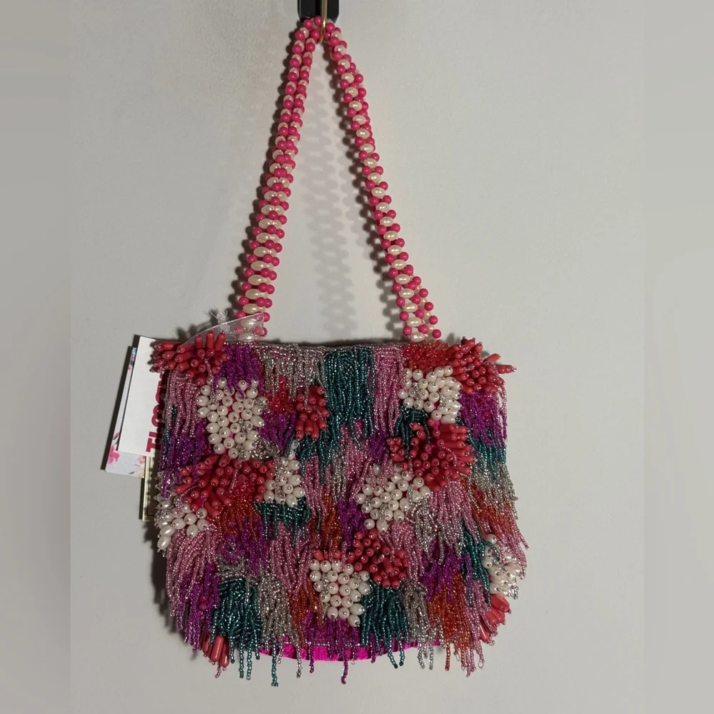 T.J.Maxx Beaded Fringe Shoulder Bag - Pink, Purple, Teal, Coral, White - Picture 1 of 6